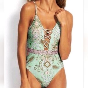 Seafolly Australia Free Spirit Lace Up Maillot One Piece Fresh Mint Size 8